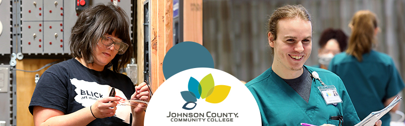 Johnson County Community College logo and images of students in various Trades classes 